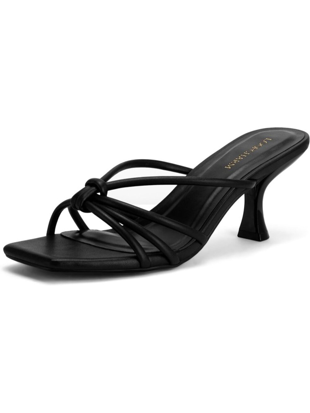 Women's Black Pu Strappy Square Open Toe Kitten Heels Sandals Knotted Design